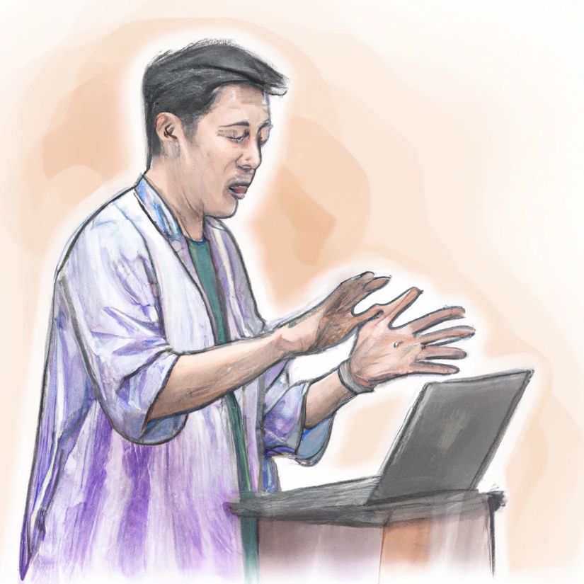 A person standing at a podium with his hands up Description automatically generated