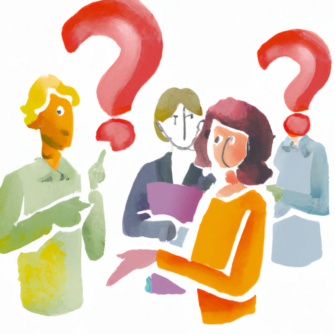 A group of people with question marks Description automatically generated